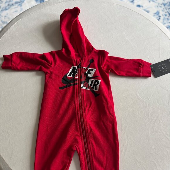 3-6 month boy's Nike Air Jordan hooded jumpsuit, new, red - Picture 1 of 3
